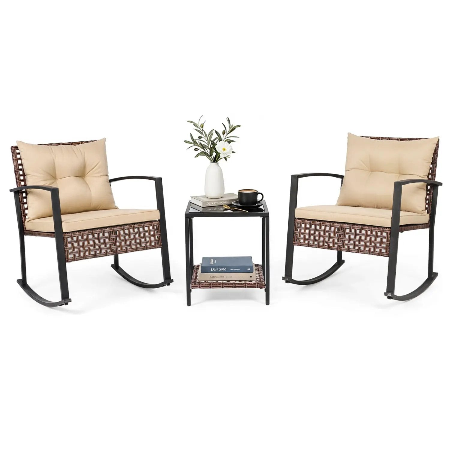 3-Piece Rocking Chair Patio Set with Glass Coffee Table by DirectDeals