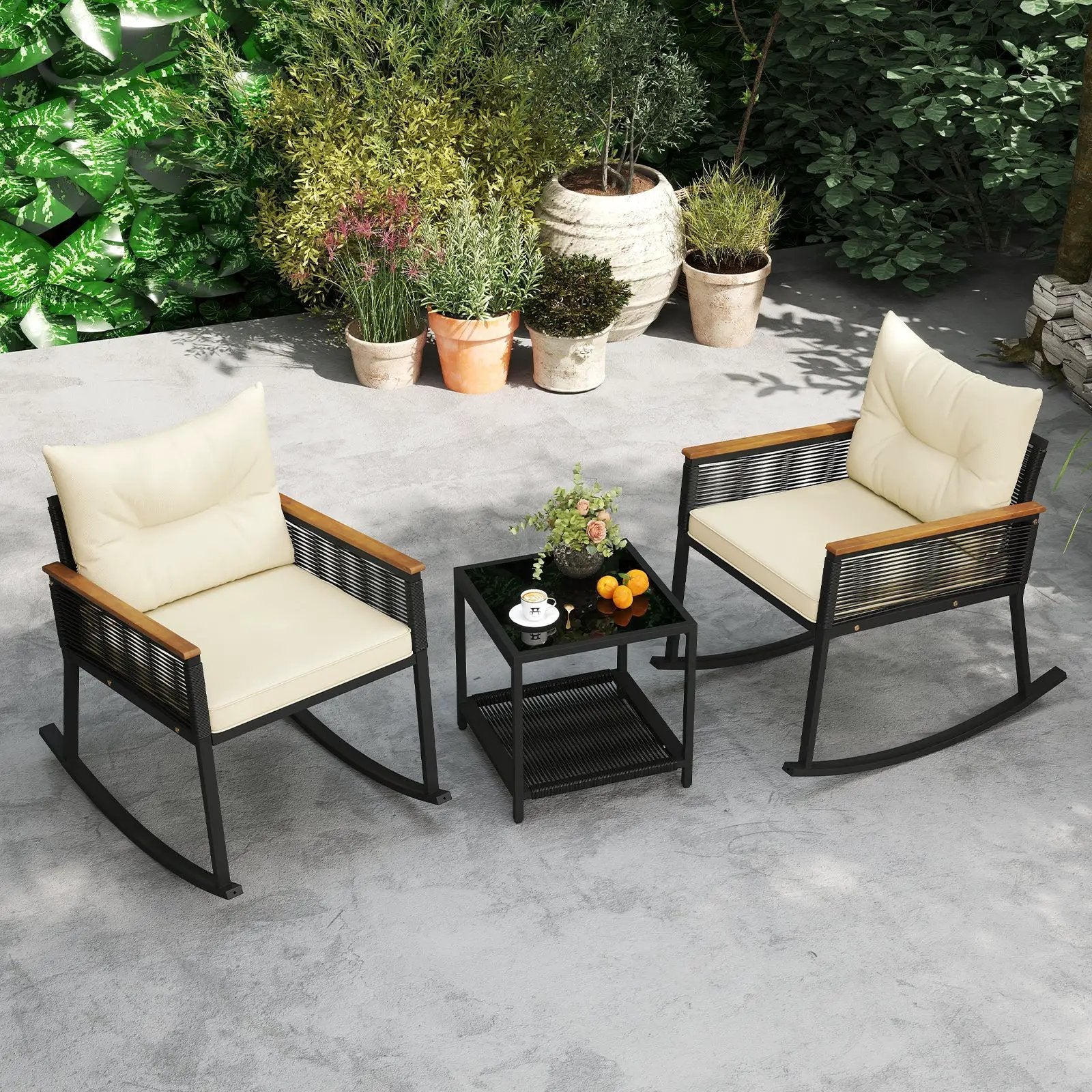 3 Piece Outdoor PE Rattan Rocking Bistro Set with 2-Tier Coffee Table-Black by DirectDeals
