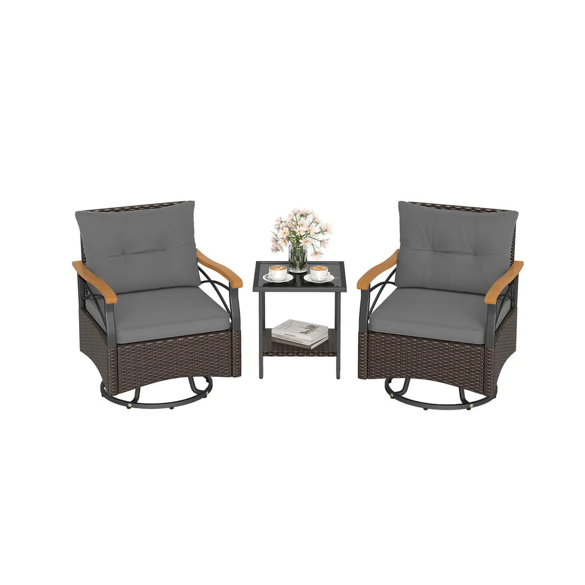 3 Piece Outdoor Swivel Chair Set with Tempered Glass Side Table by DirectDeals