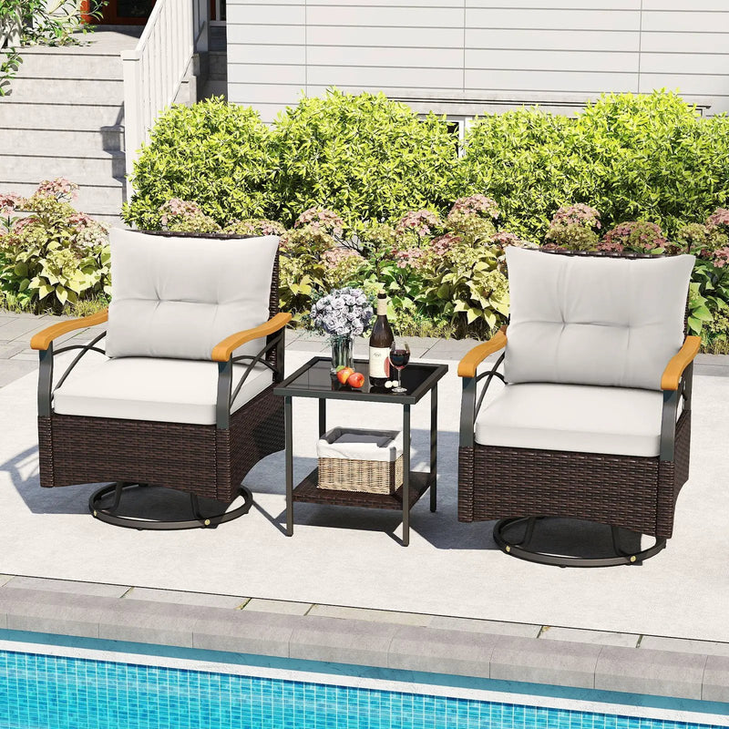 3 Piece Outdoor Swivel Chair Set with Tempered Glass Side Table by DirectDeals