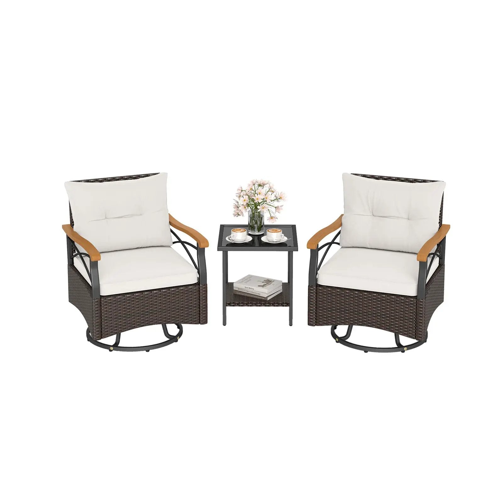 3 Piece Outdoor Swivel Chair Set with Tempered Glass Side Table by DirectDeals