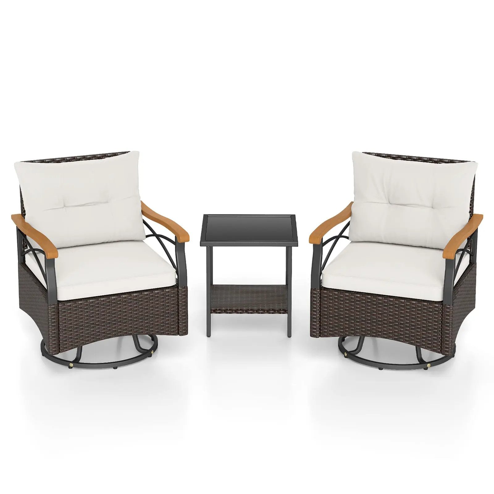 3 Piece Outdoor Swivel Chair Set with Tempered Glass Side Table by DirectDeals