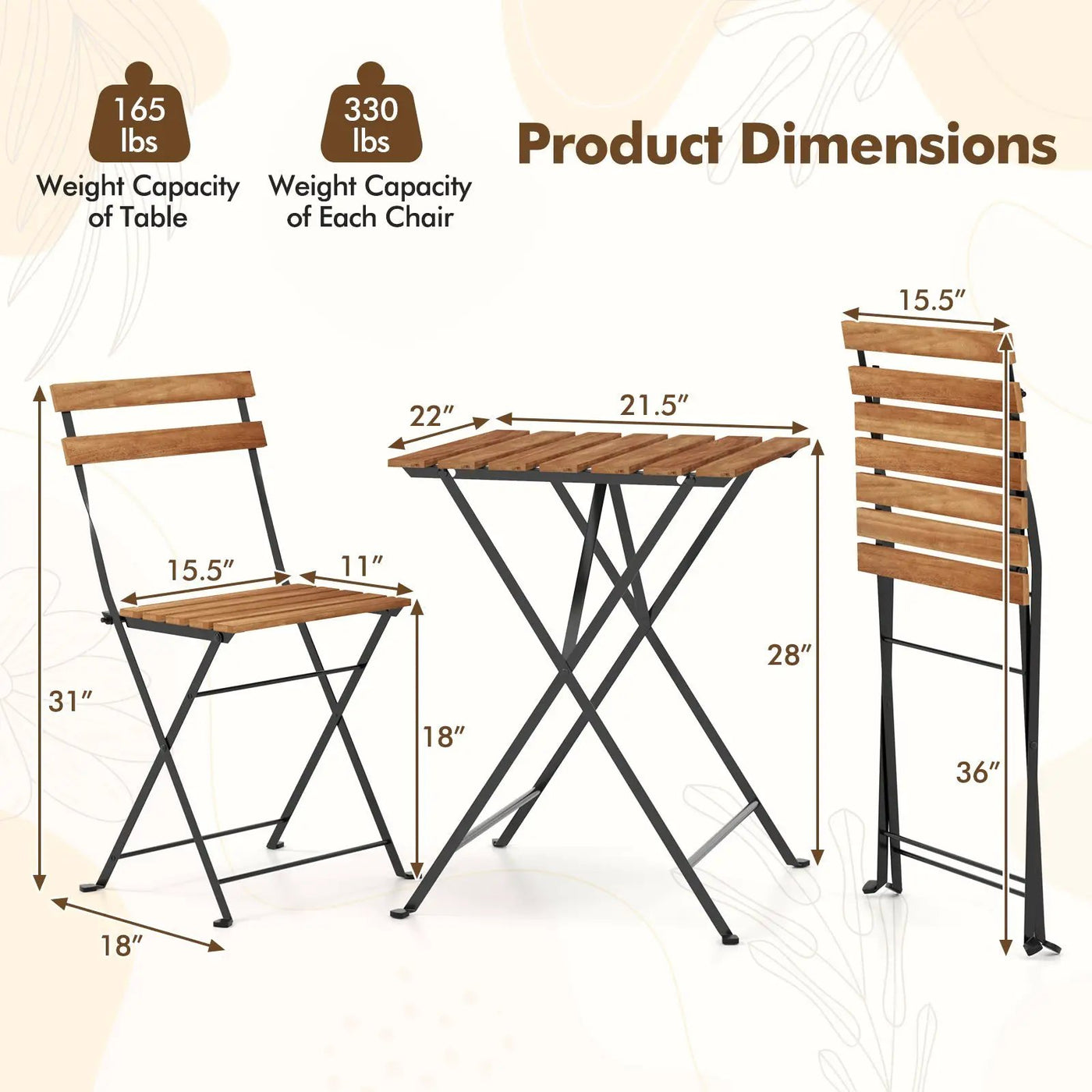 3 Piece Patio Acacia Wood Bistro Set with Slatted Seat and Tabletop by DirectDeals