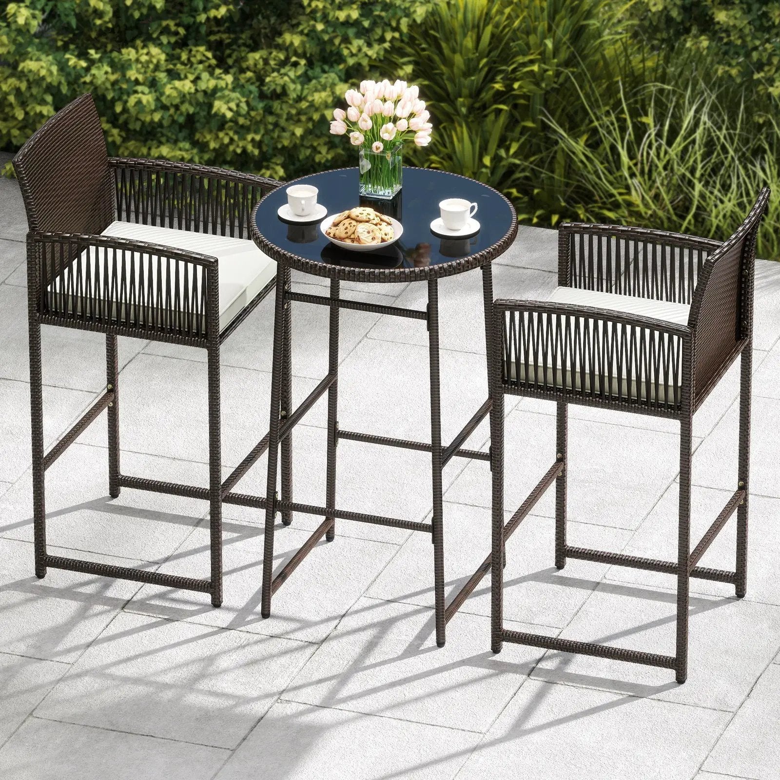 3 Piece Patio Bar Set Outdoor Wicker Bar Height Table and Armchairs-White by DirectDeals