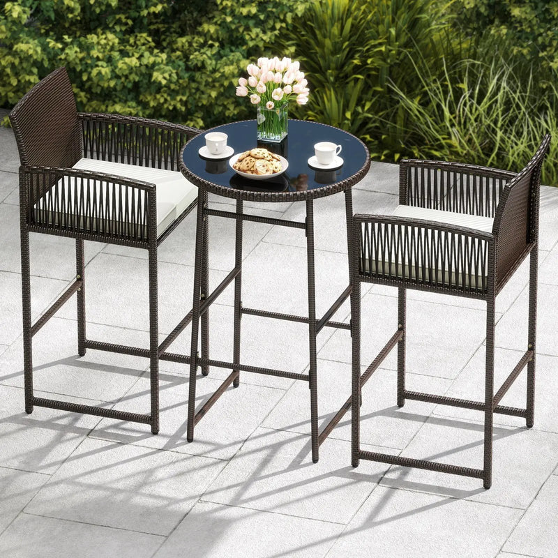 3 Piece Patio Bar Set Outdoor Wicker Bar Height Table and Armchairs-White by DirectDeals