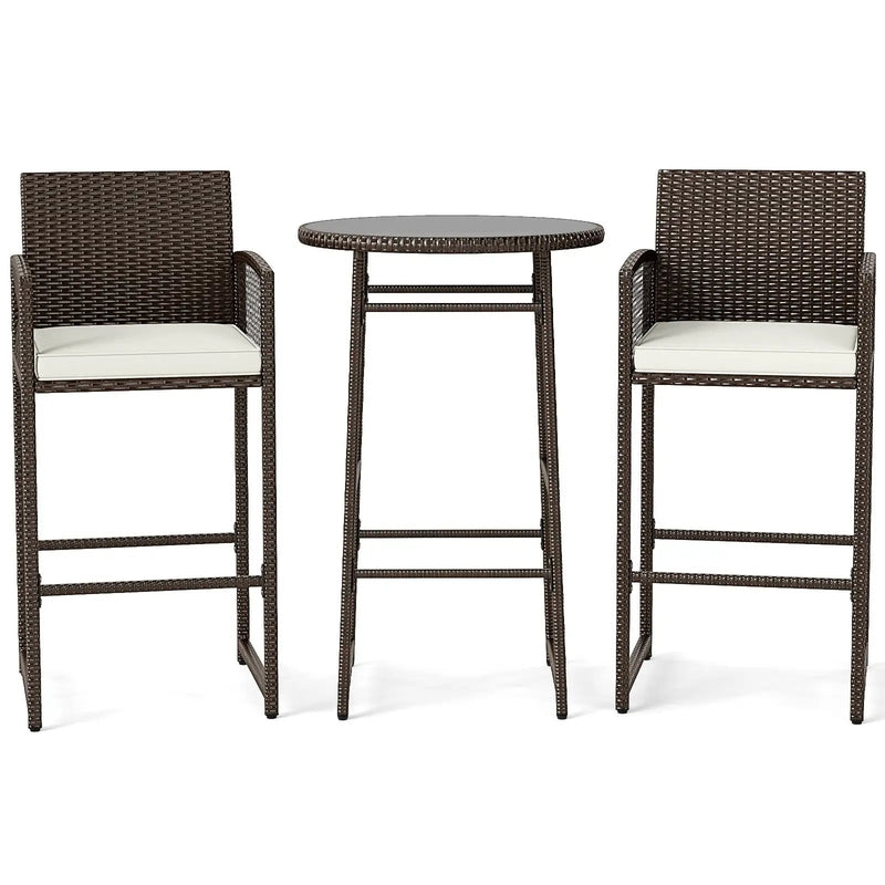 3 Piece Patio Bar Set Outdoor Wicker Bar Height Table and Armchairs-White by DirectDeals