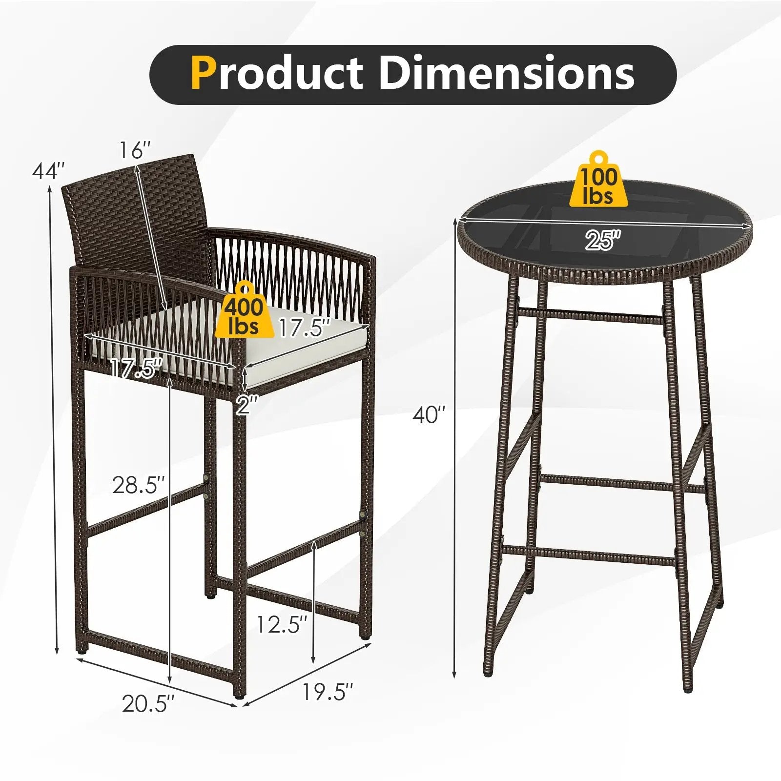 3 Piece Patio Bar Set Outdoor Wicker Bar Height Table and Armchairs-White by DirectDeals