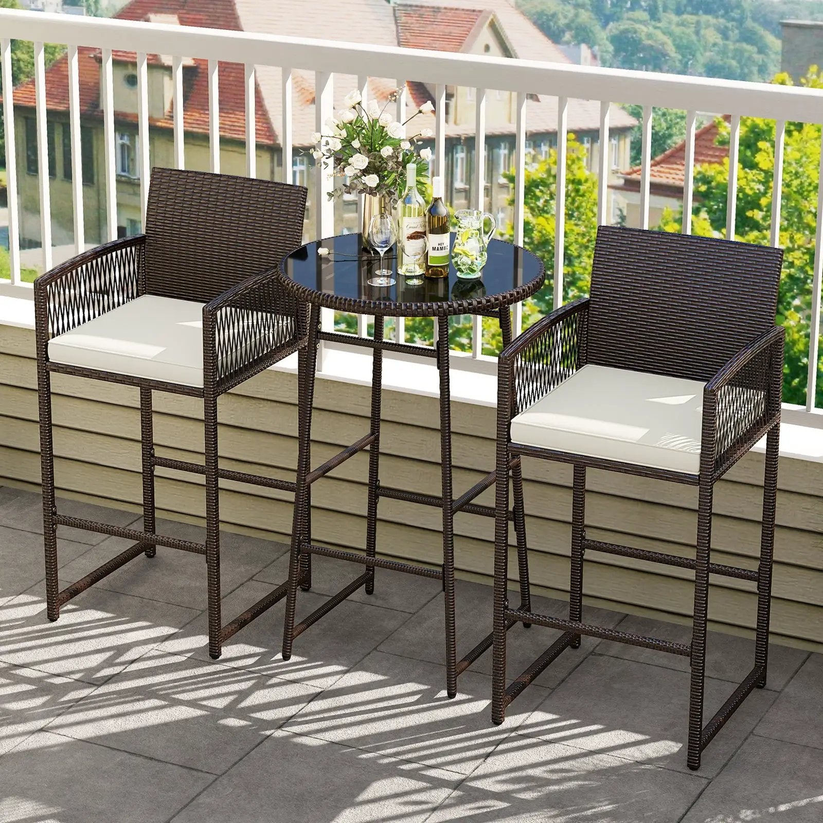 3 Piece Patio Bar Set Outdoor Wicker Bar Height Table and Armchairs-White by DirectDeals