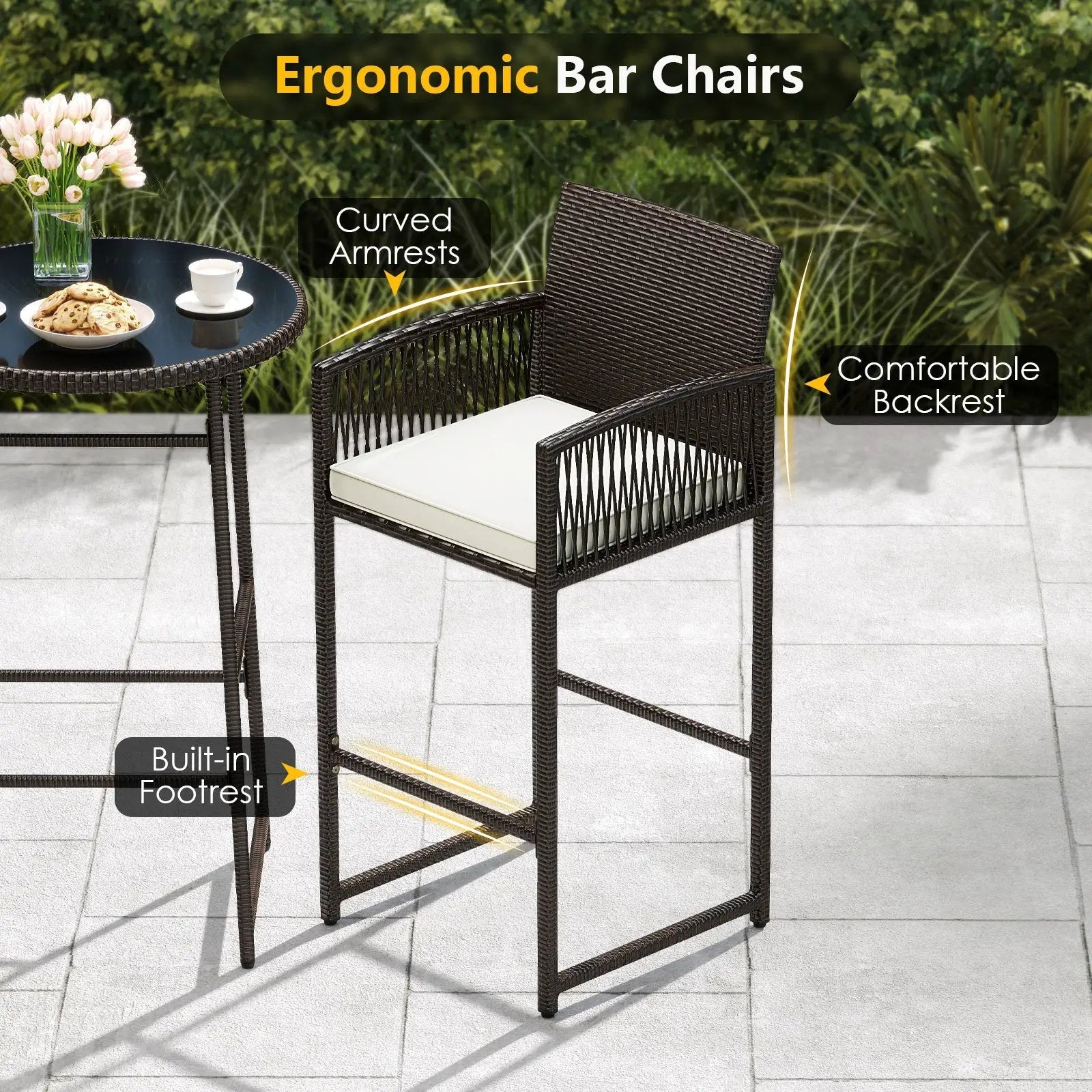 3 Piece Patio Bar Set Outdoor Wicker Bar Height Table and Armchairs-White by DirectDeals