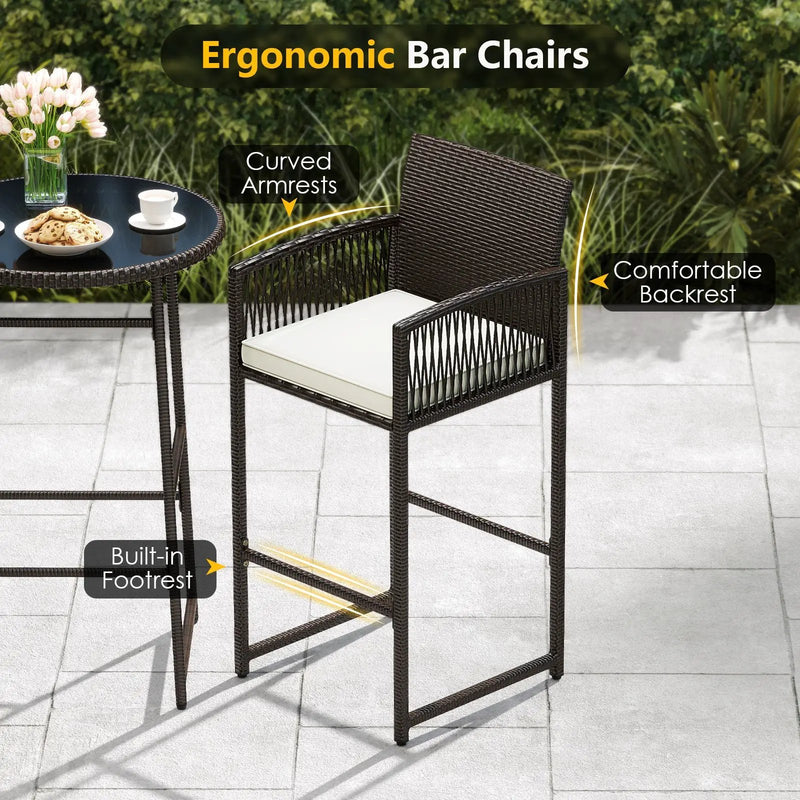 3 Piece Patio Bar Set Outdoor Wicker Bar Height Table and Armchairs-White by DirectDeals