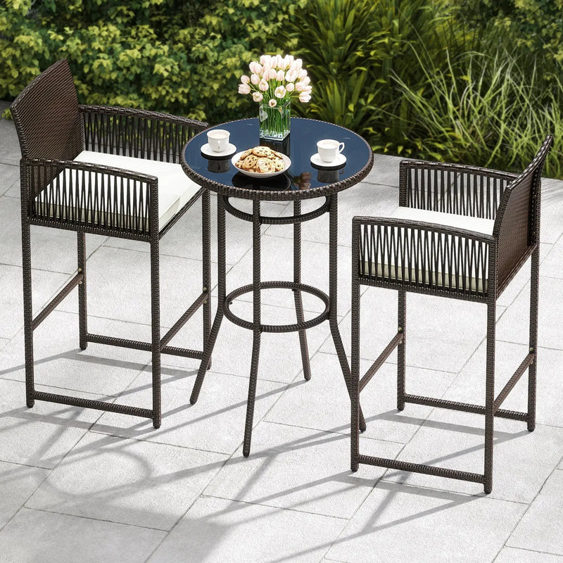 3 Piece Patio Bar Set Outdoor Wicker Bar Height Round Table and Armchairs-White by DirectDeals
