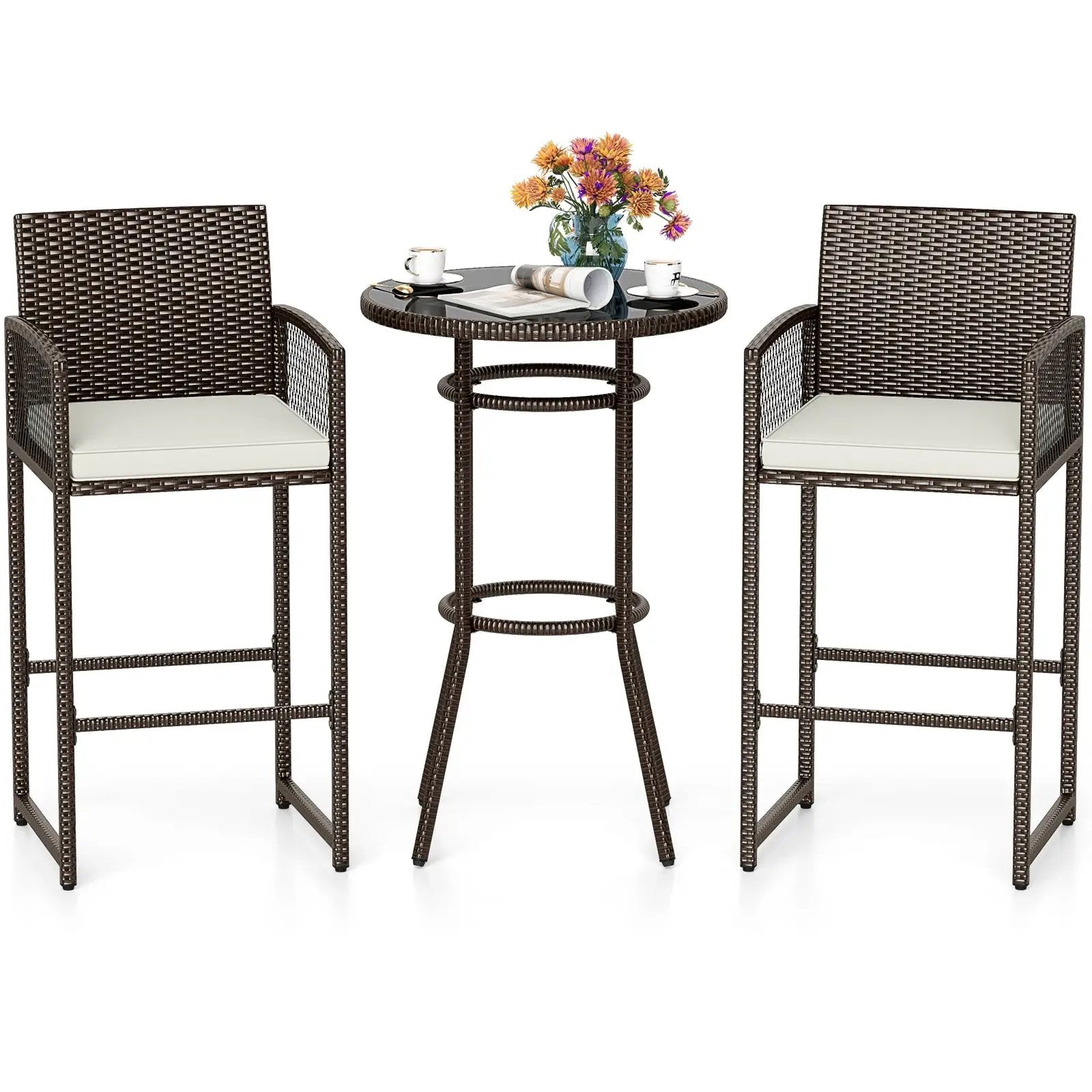 3 Piece Patio Bar Set Outdoor Wicker Bar Height Round Table and Armchairs-White by DirectDeals