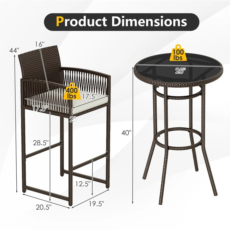 3 Piece Patio Bar Set Outdoor Wicker Bar Height Round Table and Armchairs-White by DirectDeals