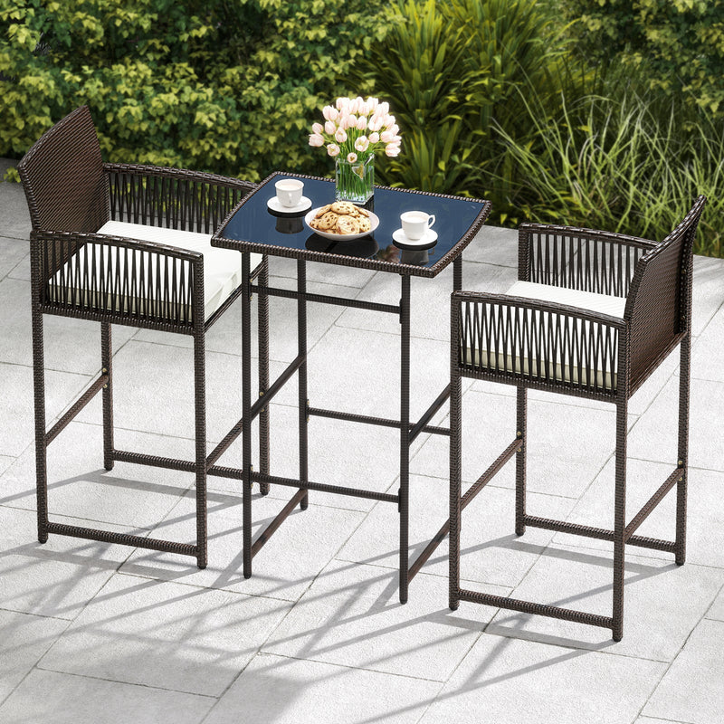 3 Piece Patio Bar Set Outdoor Wicker Bar Height Table and Armchairs with 2 Seat Cushions-White by DirectDeals