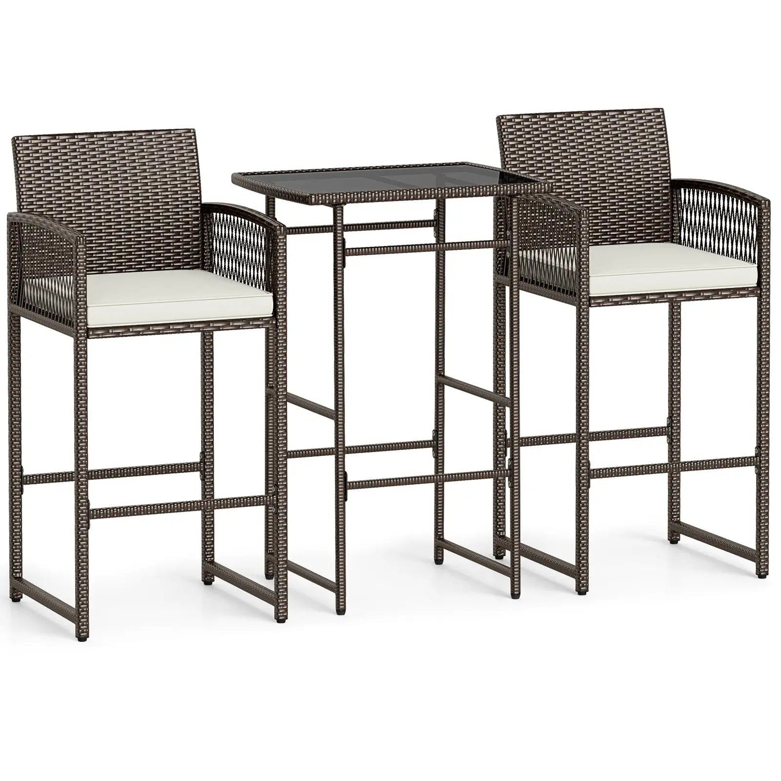 3 Piece Patio Bar Set Outdoor Wicker Bar Height Table and Armchairs with 2 Seat Cushions-White by DirectDeals