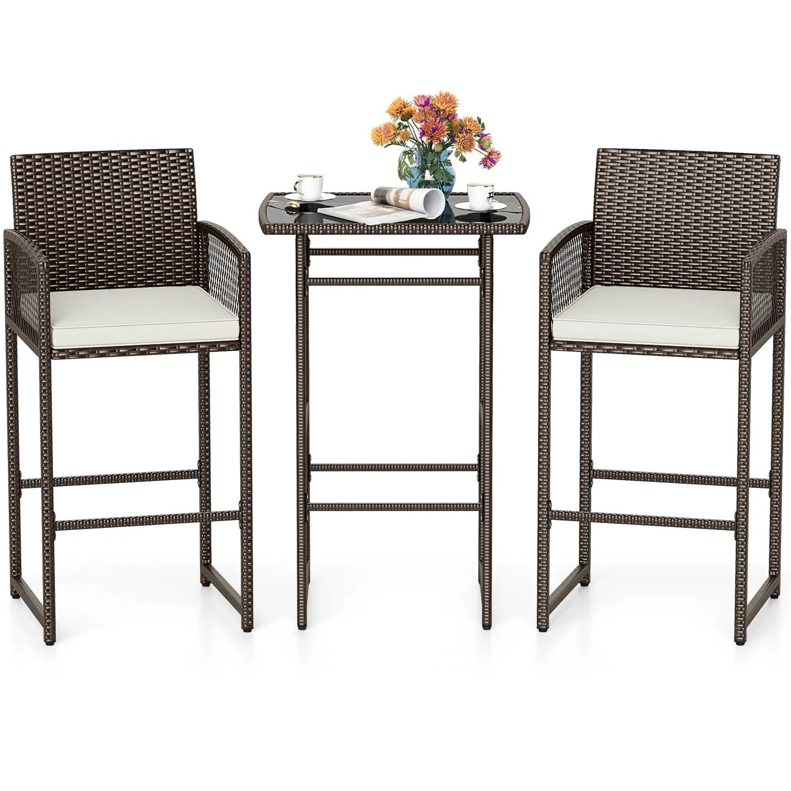 3 Piece Patio Bar Set Outdoor Wicker Bar Height Table and Armchairs with 2 Seat Cushions-White by DirectDeals
