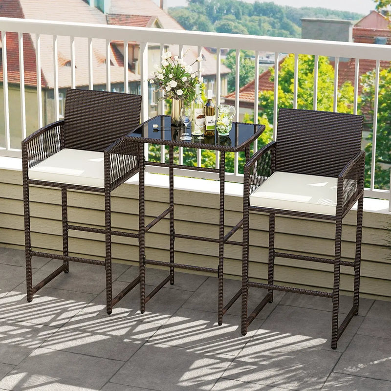 3 Piece Patio Bar Set Outdoor Wicker Bar Height Table and Armchairs with 2 Seat Cushions-White by DirectDeals