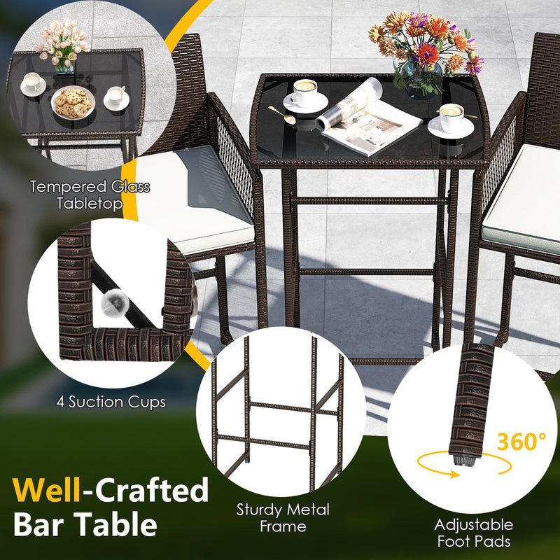 3 Piece Patio Bar Set Outdoor Wicker Bar Height Table and Armchairs with 2 Seat Cushions-White by DirectDeals
