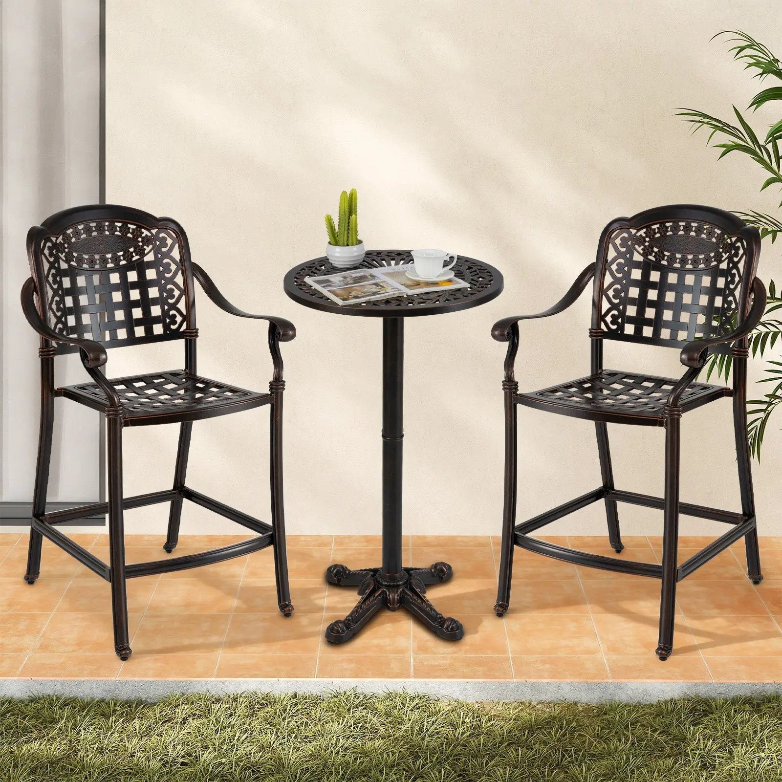 3 Piece Patio Bar Set Outdoor Cast Aluminum Round High Top Table 2 Counter Height Bar Stools by DirectDeals