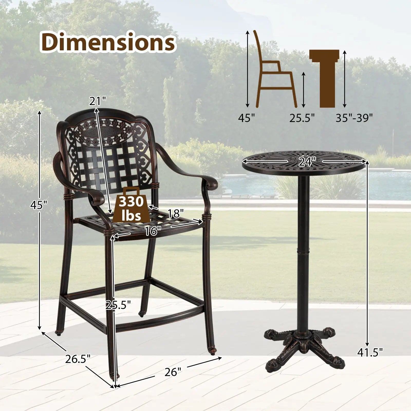 3 Piece Patio Bar Set Outdoor Cast Aluminum Round High Top Table 2 Counter Height Bar Stools by DirectDeals