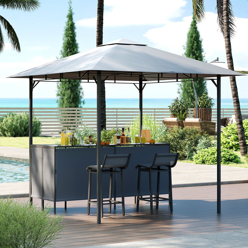 3-Piece Patio Bar Set 8 x 8 FT Double-Tier Grill Gazebo with 2 Bar Stools-Gray by DirectDeals