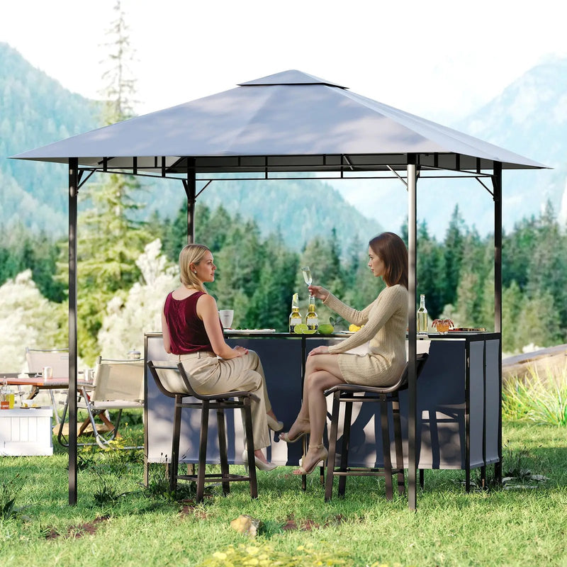 3-Piece Patio Bar Set 8 x 8 FT Double-Tier Grill Gazebo with 2 Bar Stools-Gray by DirectDeals