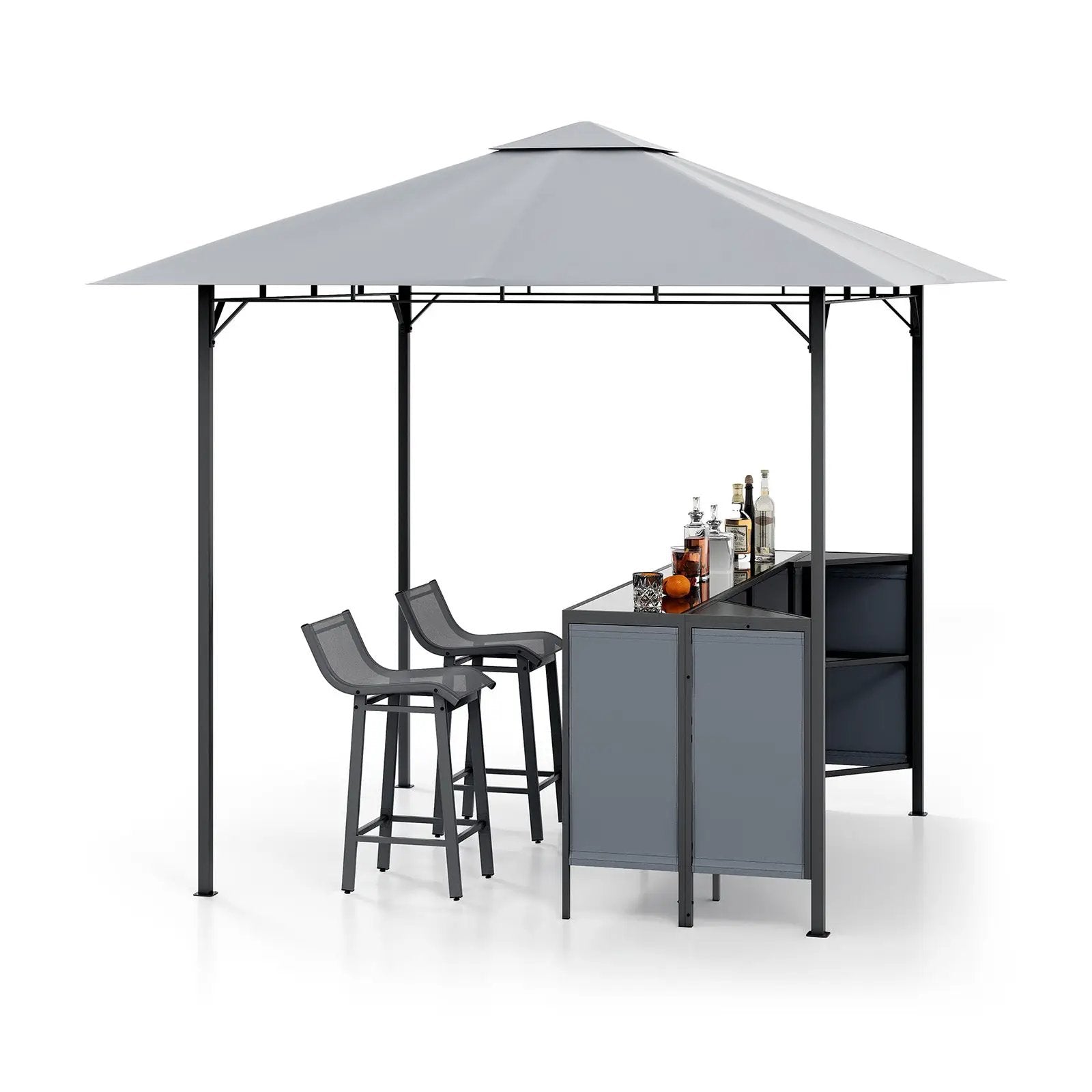 3-Piece Patio Bar Set 8 x 8 FT Double-Tier Grill Gazebo with 2 Bar Stools-Gray by DirectDeals