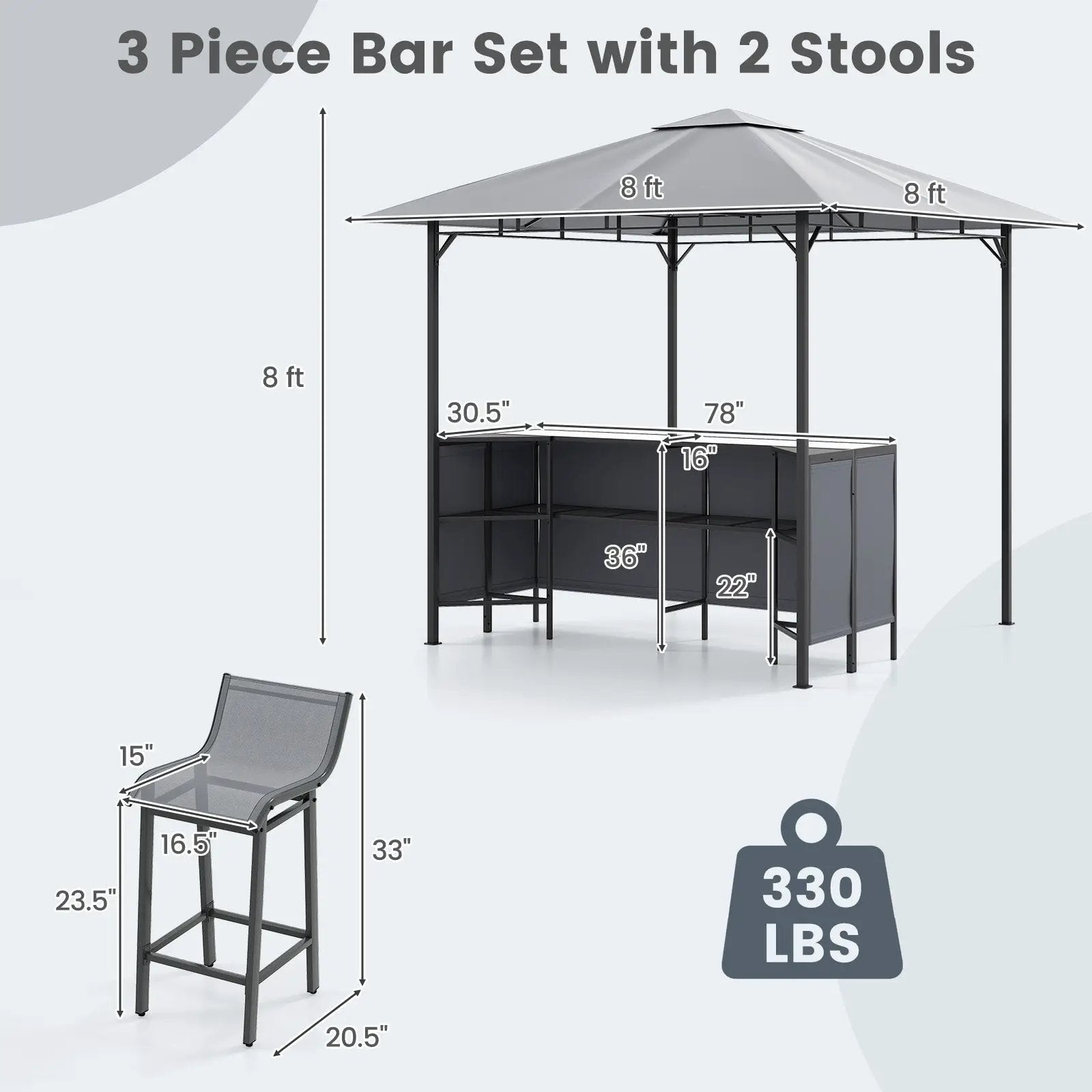 3-Piece Patio Bar Set 8 x 8 FT Double-Tier Grill Gazebo with 2 Bar Stools-Gray by DirectDeals