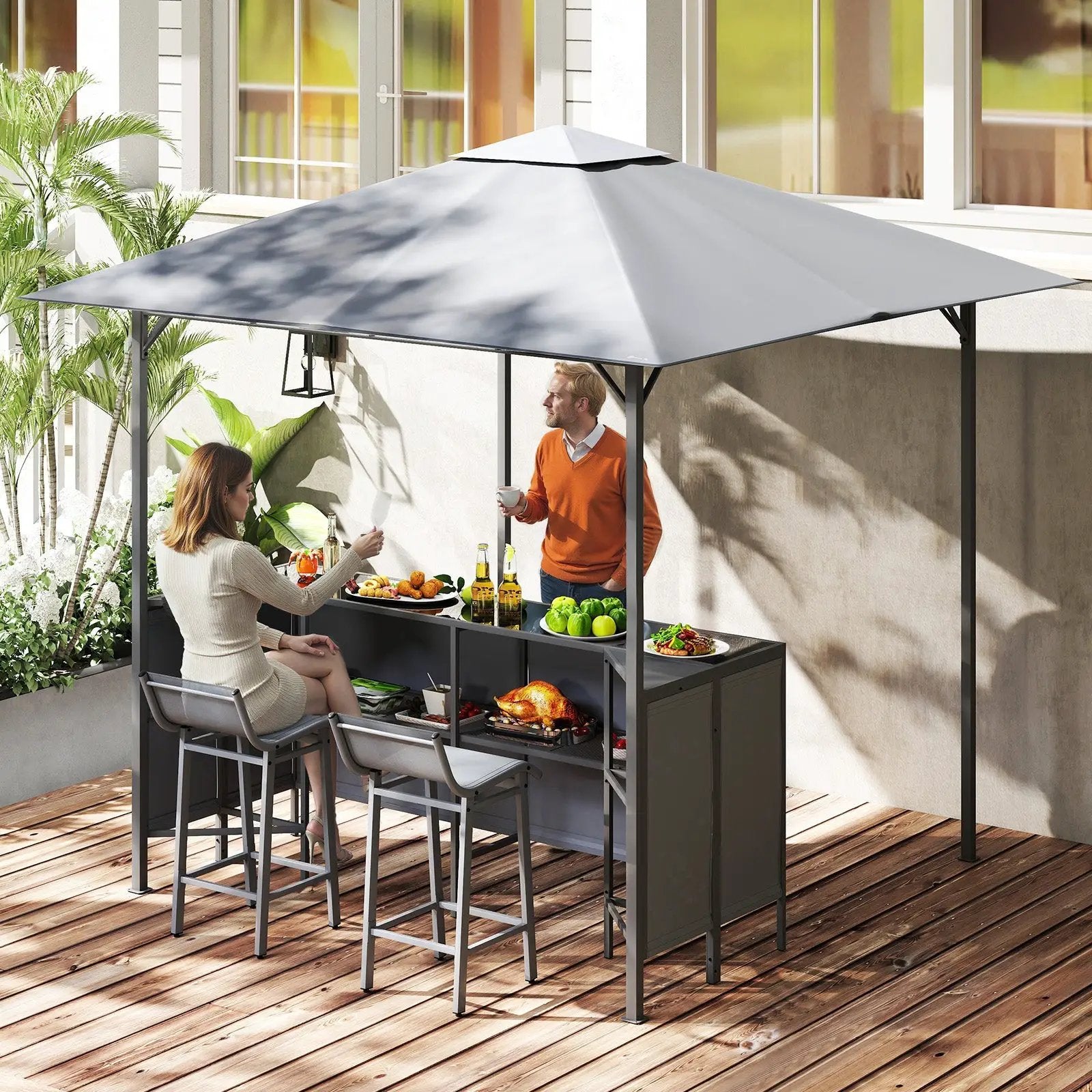 3-Piece Patio Bar Set 8 x 8 FT Double-Tier Grill Gazebo with 2 Bar Stools-Gray by DirectDeals