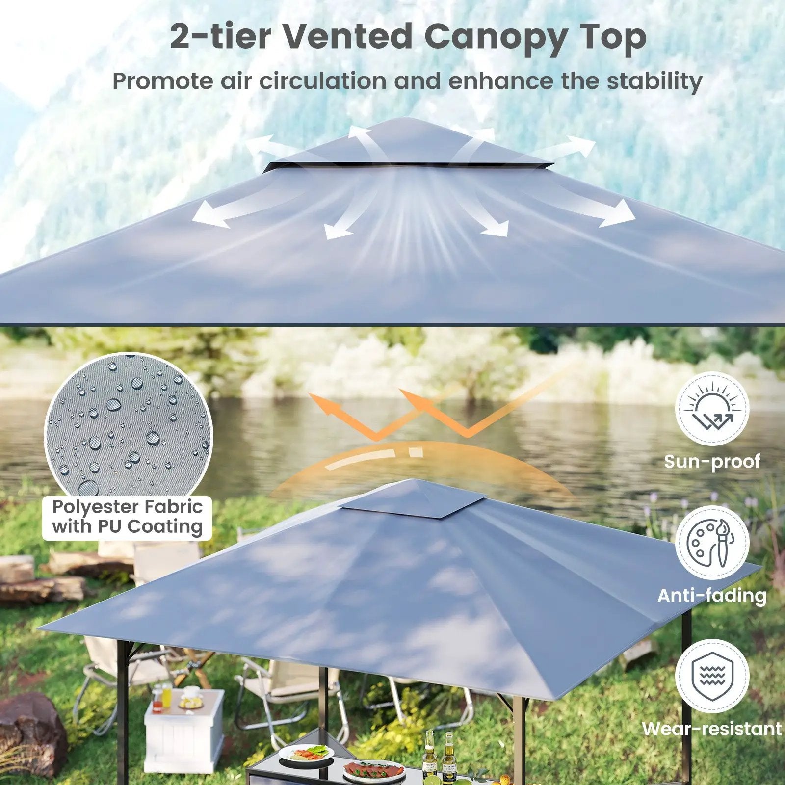 3-Piece Patio Bar Set 8 x 8 FT Double-Tier Grill Gazebo with 2 Bar Stools-Gray by DirectDeals