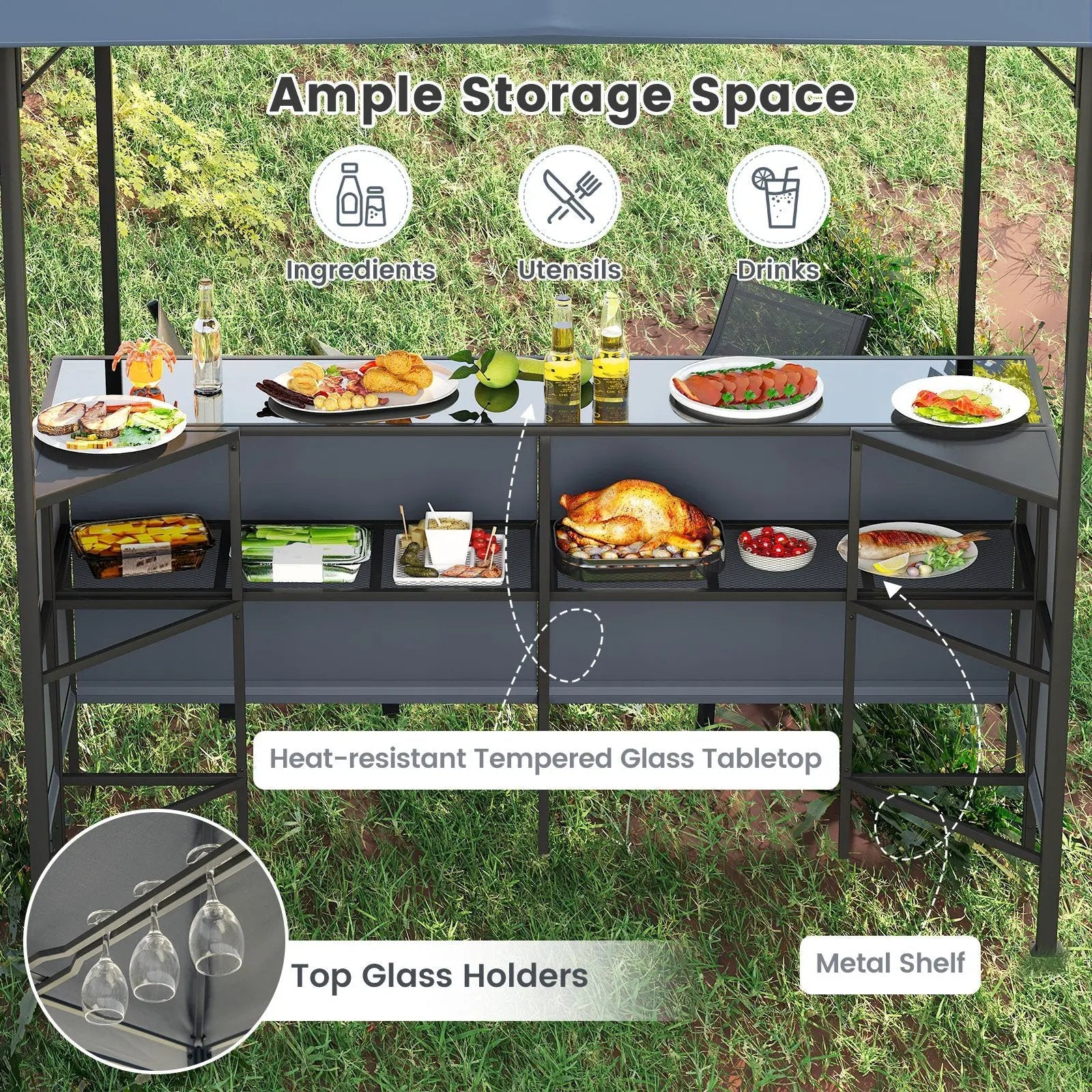 3-Piece Patio Bar Set 8 x 8 FT Double-Tier Grill Gazebo with 2 Bar Stools-Gray by DirectDeals