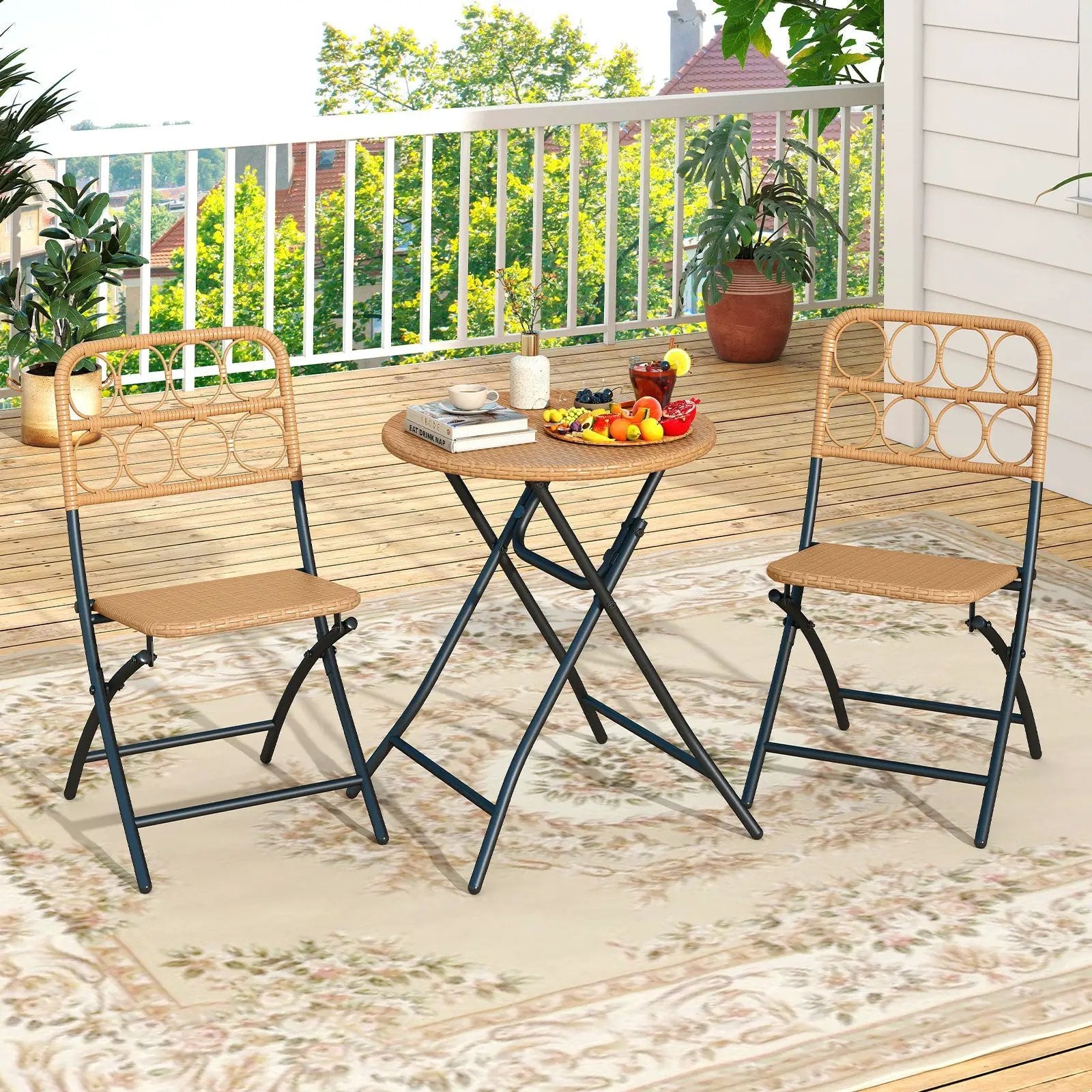 3 Piece Patio Bistro Set Folding Round Table and Chairs with Wicker Seat by DirectDeals