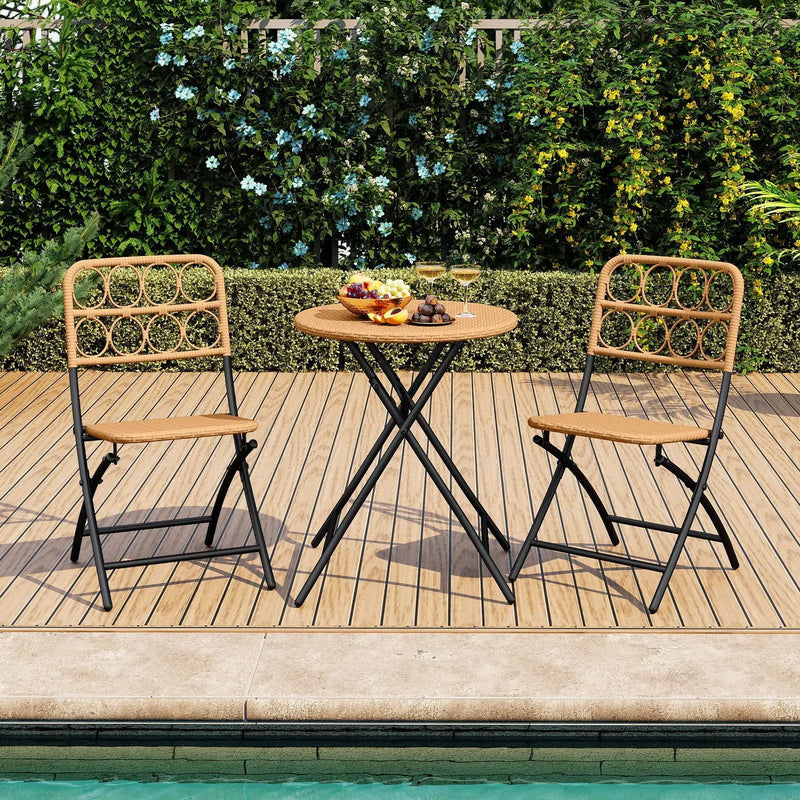 3 Piece Patio Bistro Set Folding Round Table and Chairs with Wicker Seat by DirectDeals