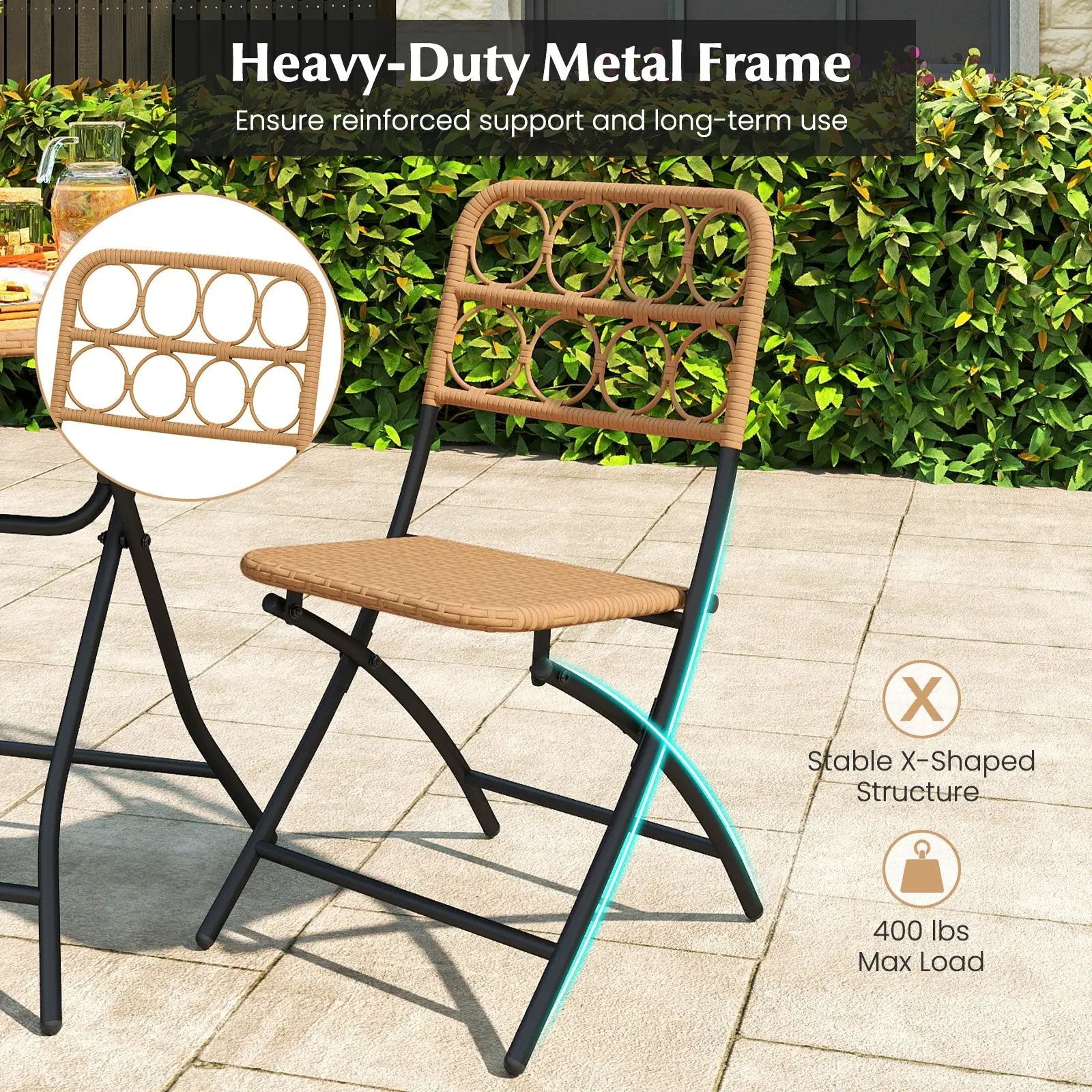 3 Piece Patio Bistro Set Folding Round Table and Chairs with Wicker Seat by DirectDeals