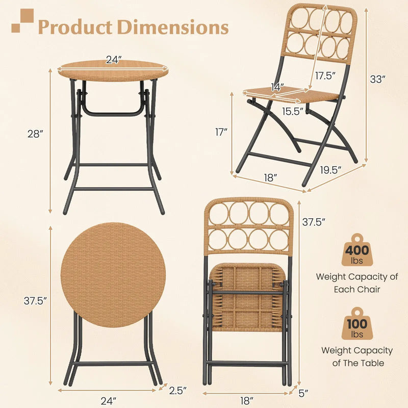 3 Piece Patio Bistro Set Folding Round Table and Chairs with Wicker Seat by DirectDeals