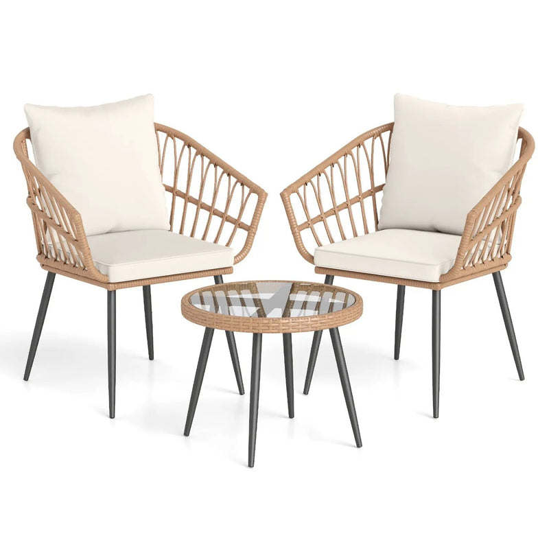 3 Piece Patio Bistro Set with PE Rattan Wicker Chairs and Tempered Glass Coffee Table by DirectDeals