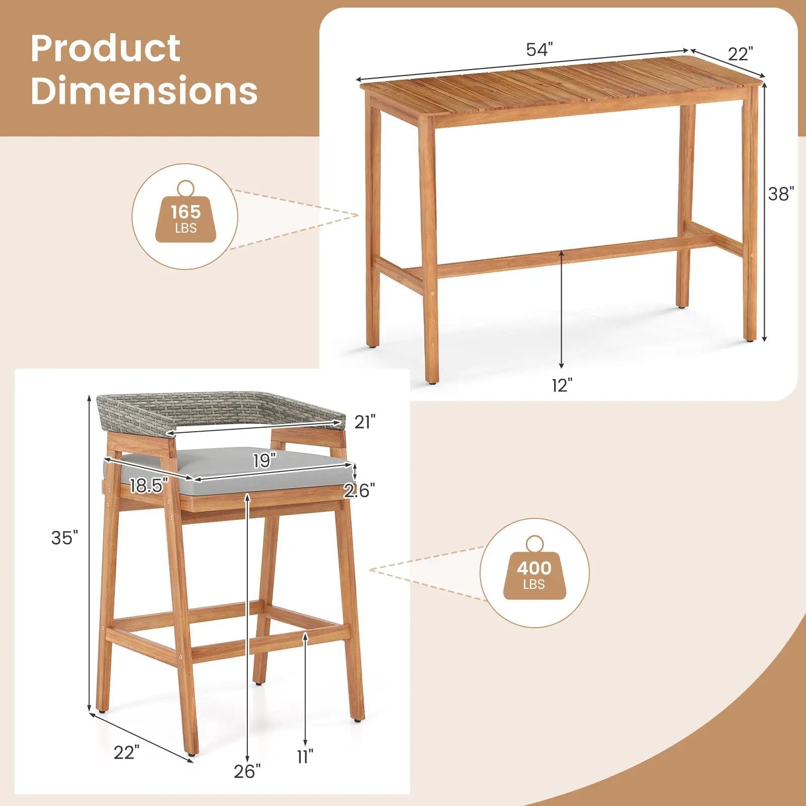 3 Pieces Patio Counter Height Bar Set with 2 Cushioned Barstools by DirectDeals
