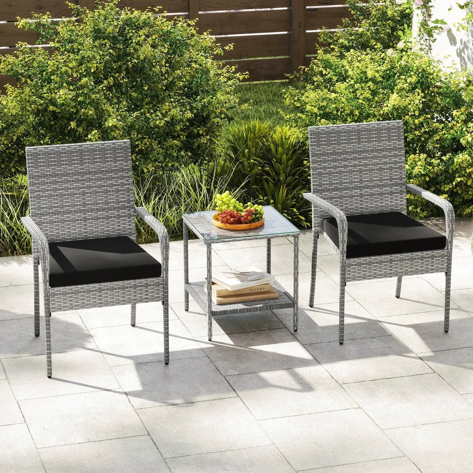 3 Piece Patio Furniture Set with Seat Cushions and Tempered Glass Tabletop for Balcony by DirectDeals