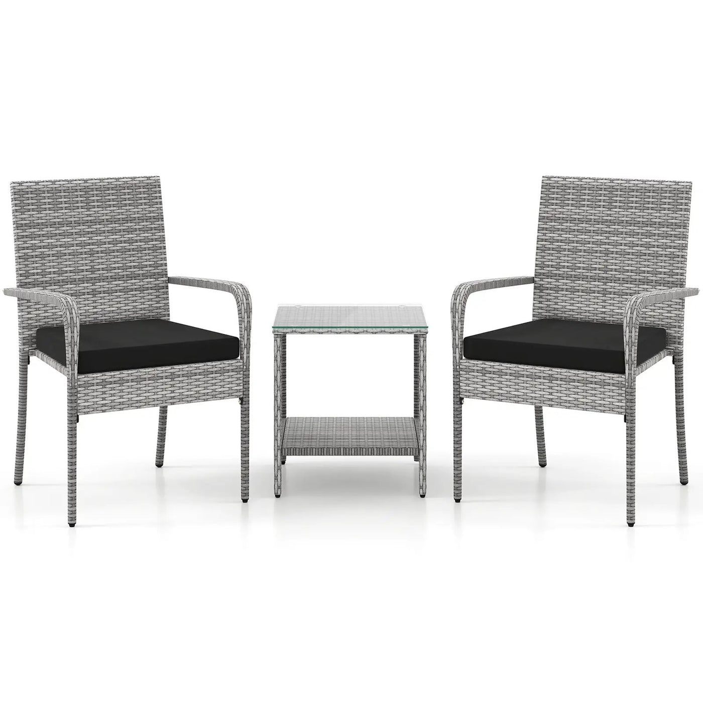 3 Piece Patio Furniture Set with Seat Cushions and Tempered Glass Tabletop for Balcony by DirectDeals
