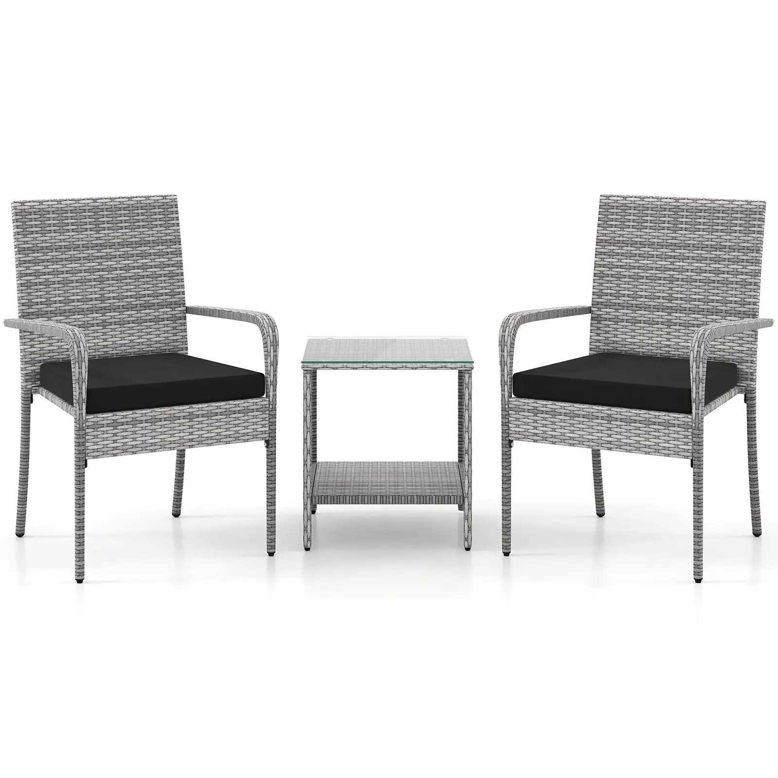 3 Piece Patio Furniture Set with Seat Cushions and Tempered Glass Tabletop for Balcony by DirectDeals