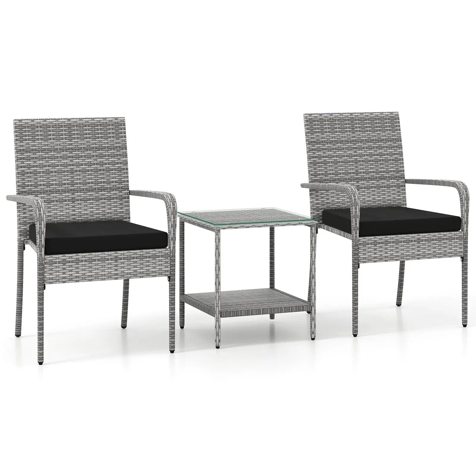 3 Piece Patio Furniture Set with Seat Cushions and Tempered Glass Tabletop for Balcony by DirectDeals