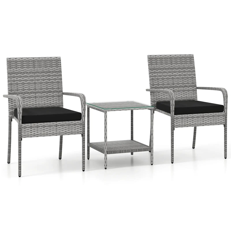 3 Piece Patio Furniture Set with Seat Cushions and Tempered Glass Tabletop for Balcony by DirectDeals