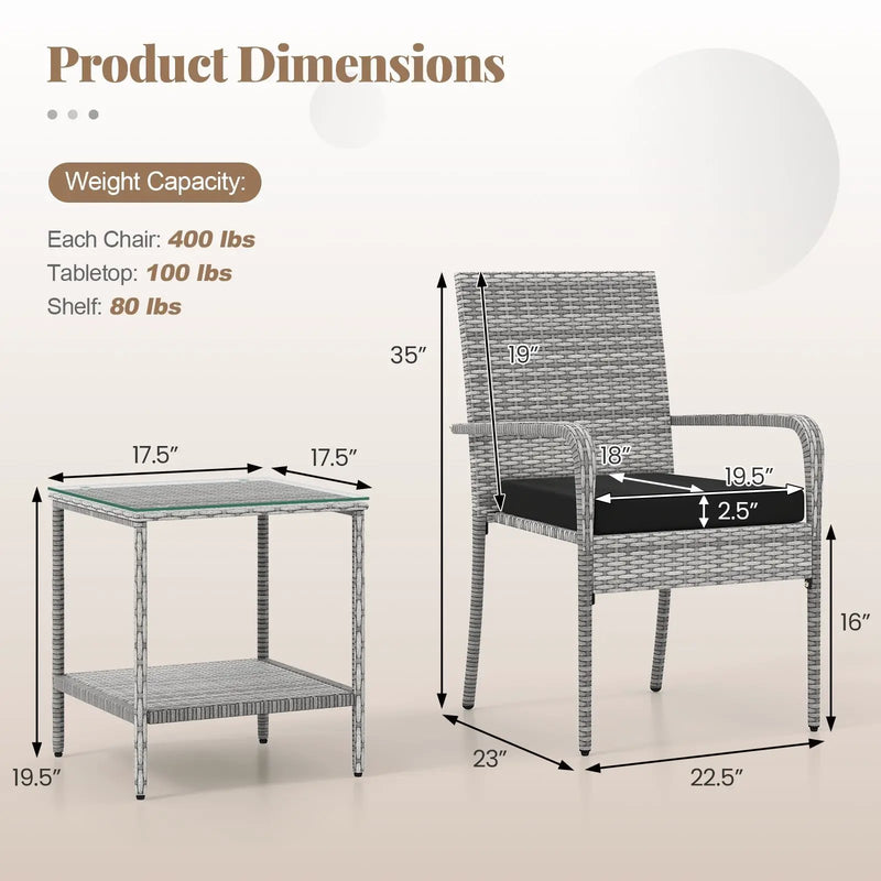 3 Piece Patio Furniture Set with Seat Cushions and Tempered Glass Tabletop for Balcony by DirectDeals