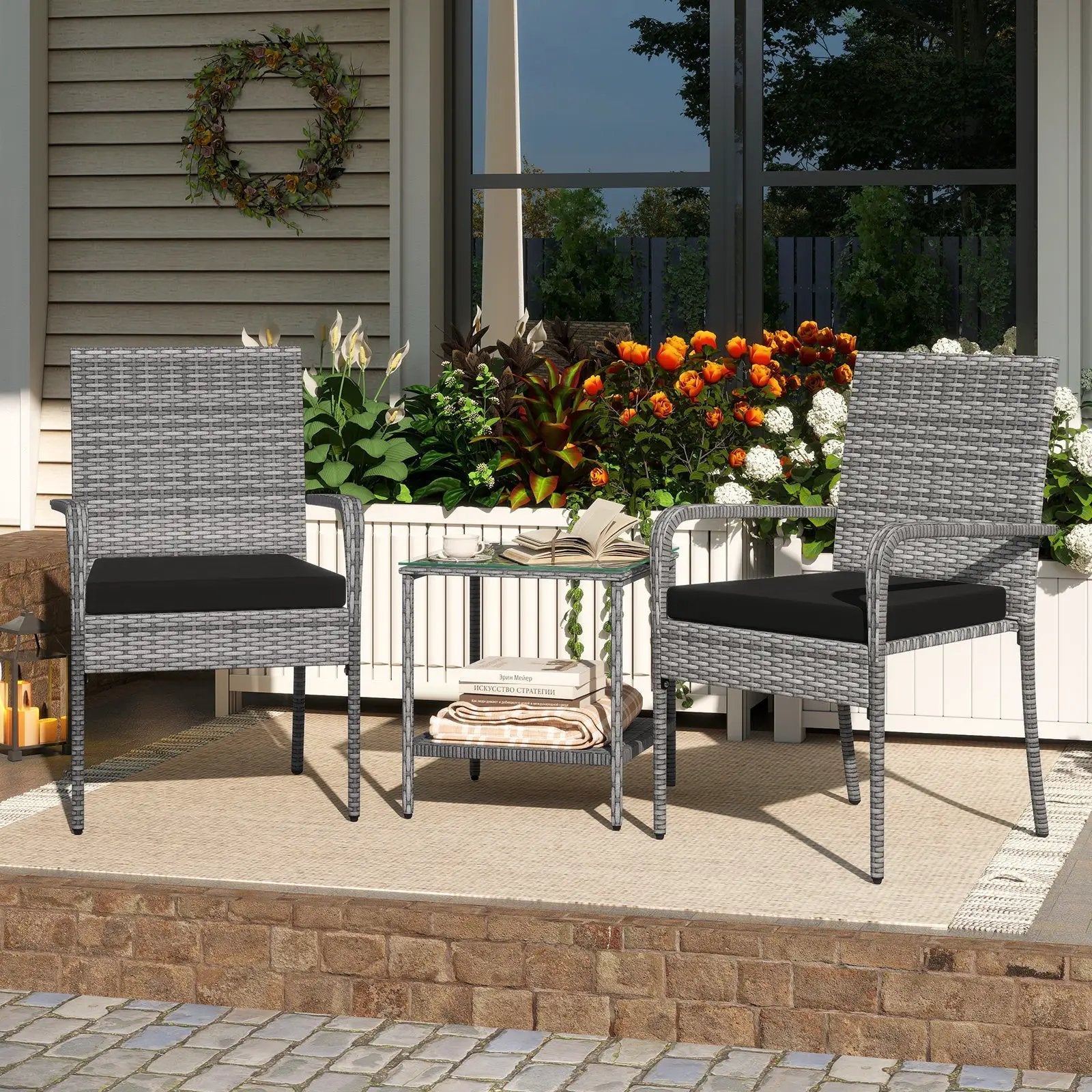 3 Piece Patio Furniture Set with Seat Cushions and Tempered Glass Tabletop for Balcony by DirectDeals
