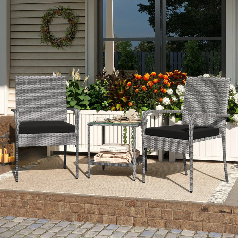3 Piece Patio Furniture Set with Seat Cushions and Tempered Glass Tabletop for Balcony by DirectDeals