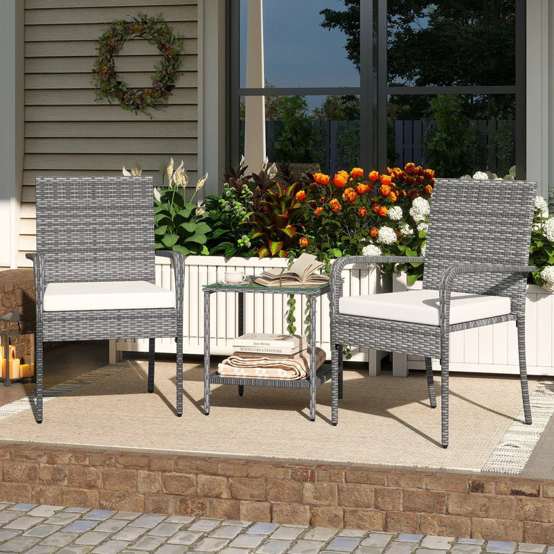 3 Piece Patio Furniture Set with Seat Cushions and Tempered Glass Tabletop for Balcony by DirectDeals