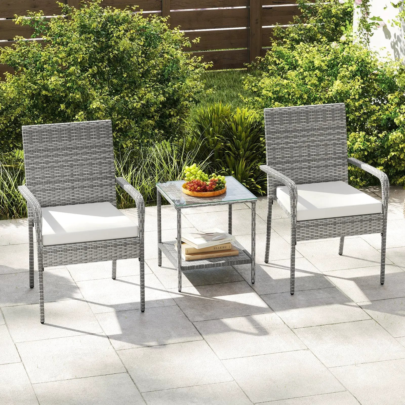 3 Piece Patio Furniture Set with Seat Cushions and Tempered Glass Tabletop for Balcony by DirectDeals