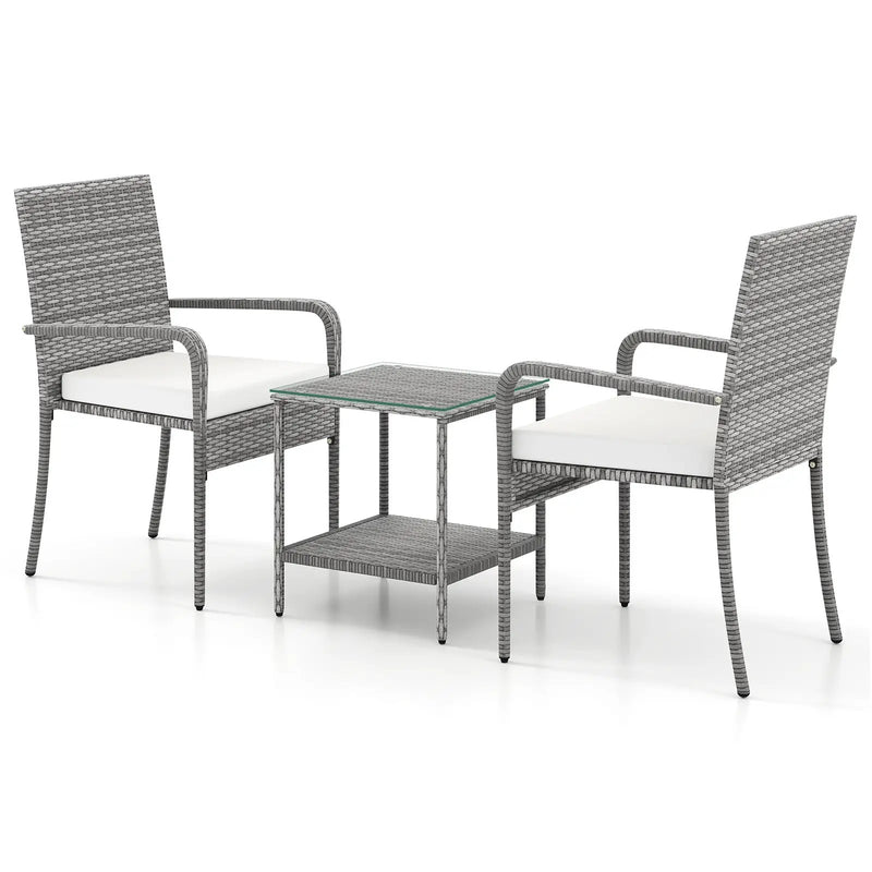 3 Piece Patio Furniture Set with Seat Cushions and Tempered Glass Tabletop for Balcony by DirectDeals