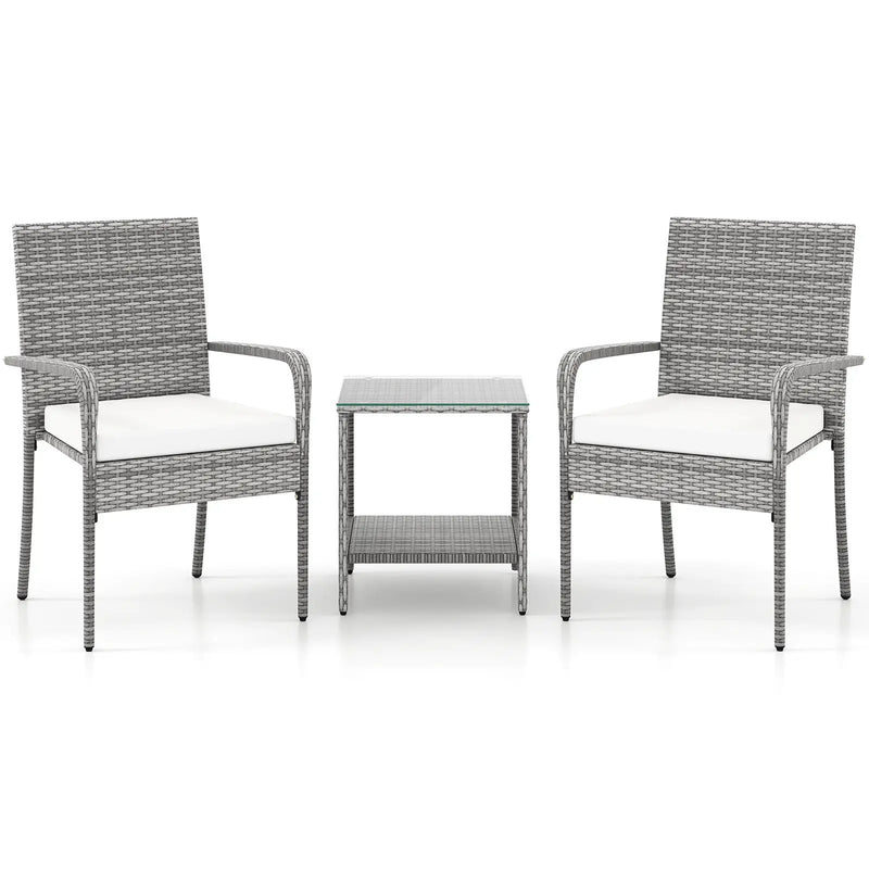 3 Piece Patio Furniture Set with Seat Cushions and Tempered Glass Tabletop for Balcony by DirectDeals