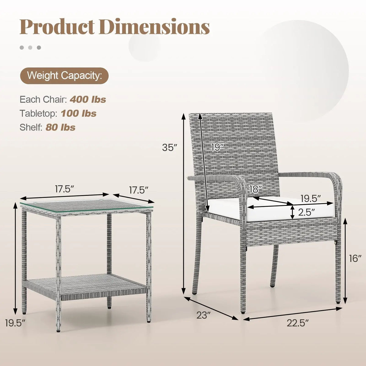 3 Piece Patio Furniture Set with Seat Cushions and Tempered Glass Tabletop for Balcony by DirectDeals